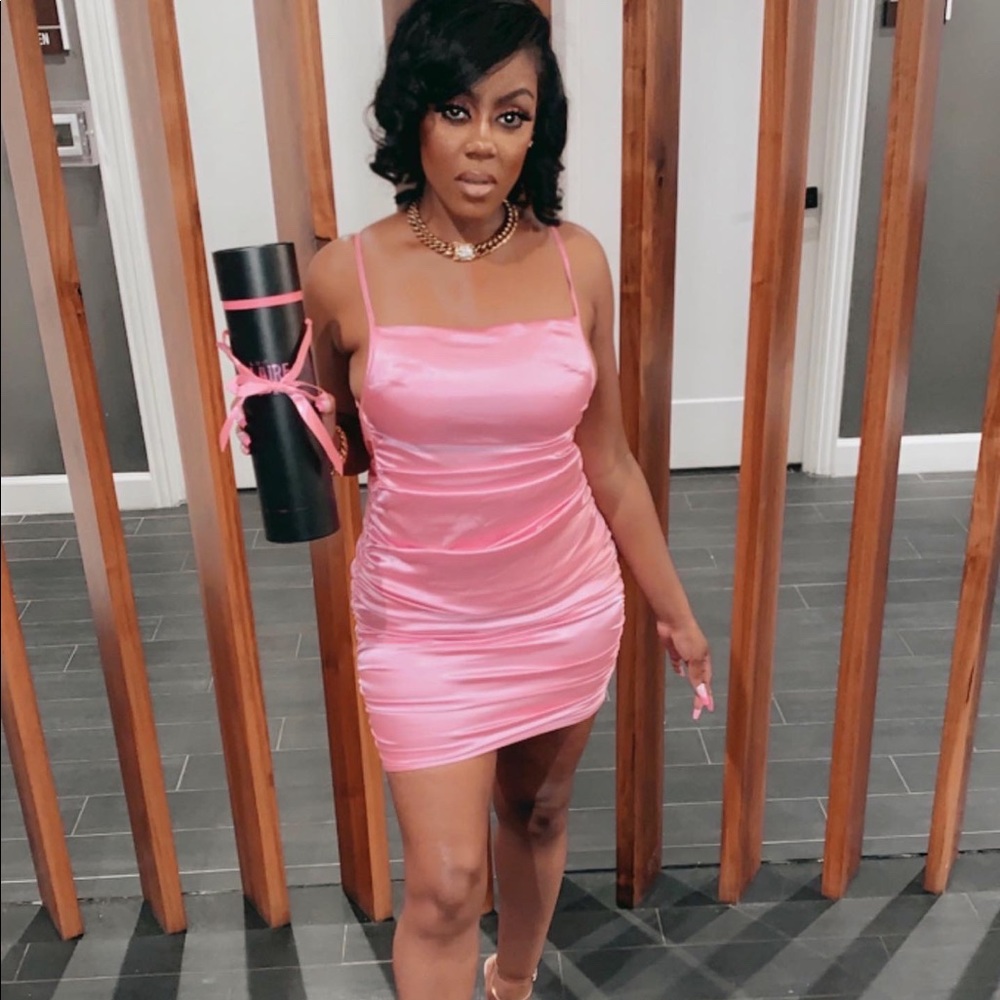 Barbie pink satin ruched dress